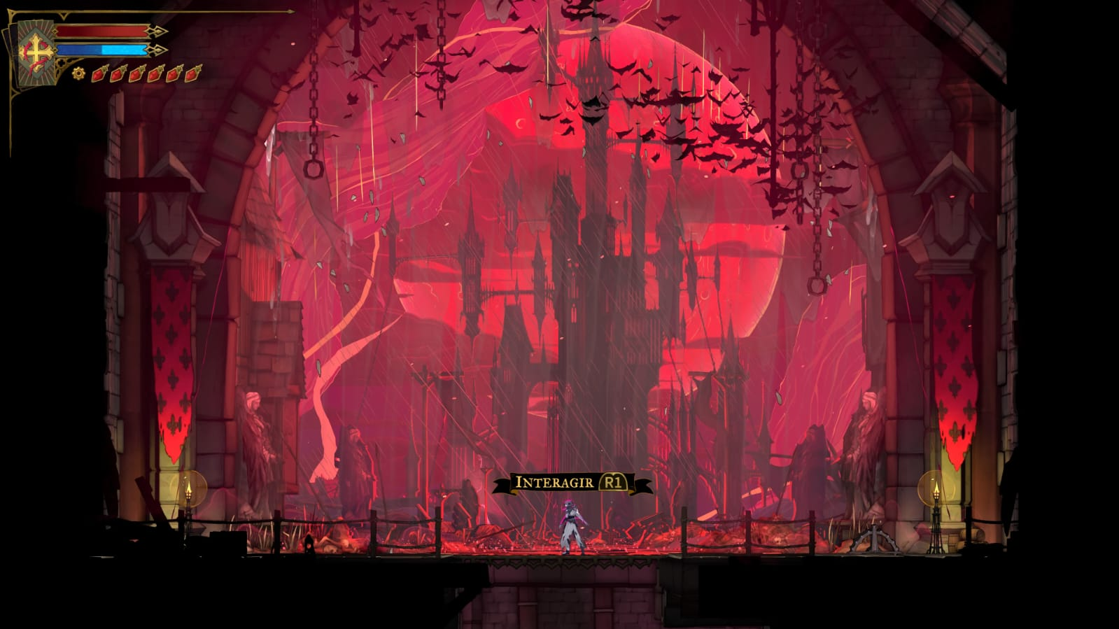 A imponente entrada do Castelo do Drácula em Belmont's Curse