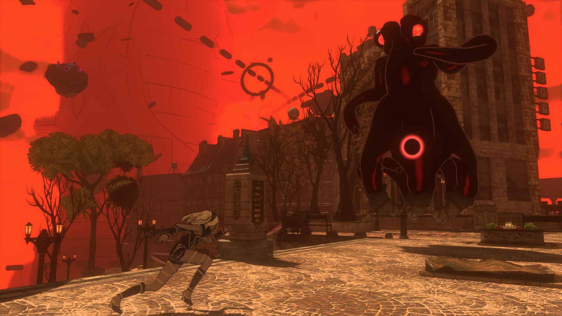 Facing a giant Nevi under crimson storm skies