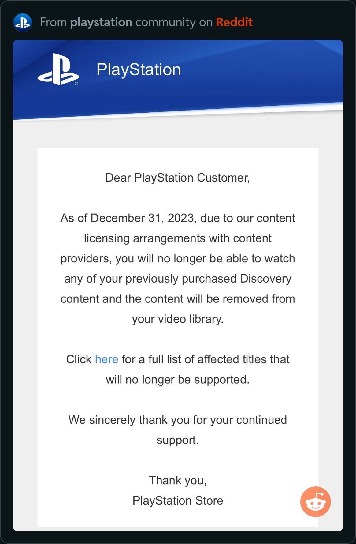 Post da Sony comunicando a remoção do conteúdo da Discovery